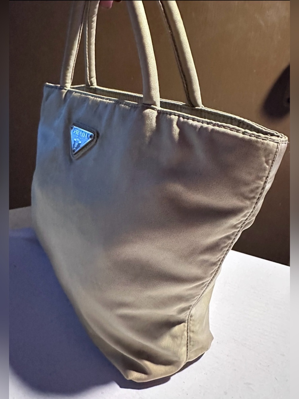 Authentic PRADA Tessuto Nylon Mini Tote Handbag Beige Triangle Italy - Picture 7 of 10